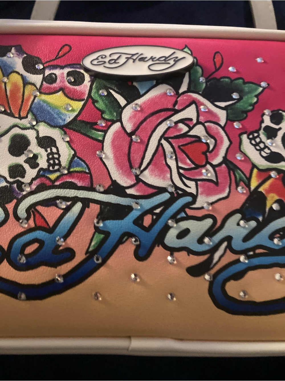 Ed Hardy White Shoulder Bag with Pink and Peach Tattoo Print - Picture 3 of 13
